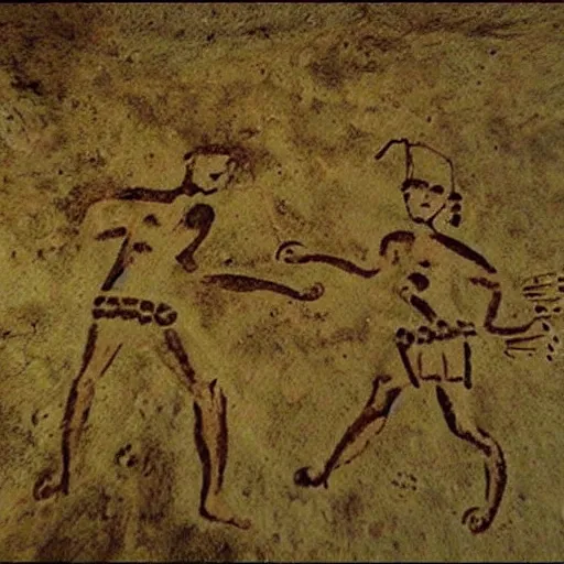 Image similar to a photo of neolithic cave painting of patapons fighting mochichichi, 4 k, history channel, high quality