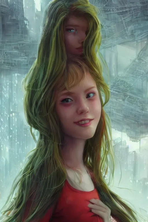 Prompt: beautiful cute red haired joyful and playful nineteen year old young girl standing up in casual green clothing, long hair, futuristic city, rpg character, sci - fi, fantasy, intricate, elegant, digital painting, artstation, concept art, smooth, 8 k frostbite 3 engine, ultra detailed, art by artgerm and greg rutkowski and magali villeneuve