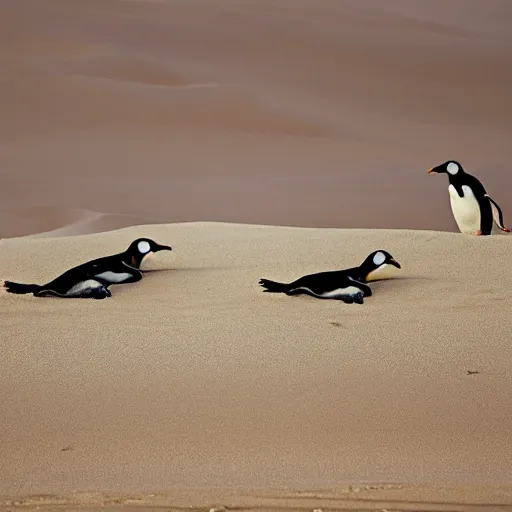Prompt: penguins sliding in sand dunes, photography
