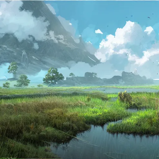 Image similar to concept art painting of a marsh swamp on top of a mountain above a forest, realistic, detailed, cel shaded, in the style of makoto shinkai and greg rutkowski and james gurney