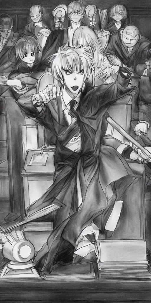 Image similar to powerful anime judge with a magic gavel, in a court room with a scale on his desk, drawn by a famous anime artist, high quality, fine lines, amazing detail