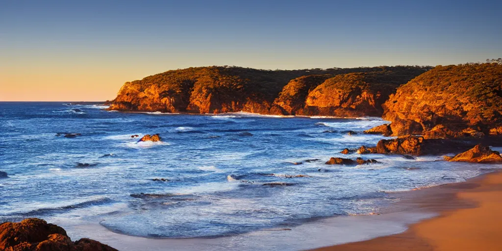 Prompt: australian coast landscape in golden hour, high detail, high definition, photorealistic, 8k,