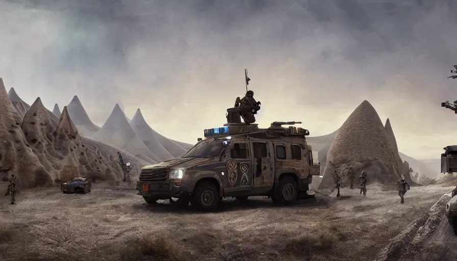 Image similar to a militarized police vehicle riding through cappadocia, action scene, an epic fantasy, dramatic lighting, cinematic, establishing shot, extremely high detail, photorealistic, cinematic lighting, artstation, matte painting, octane render, by simon stalenhag, horizon forbidden west