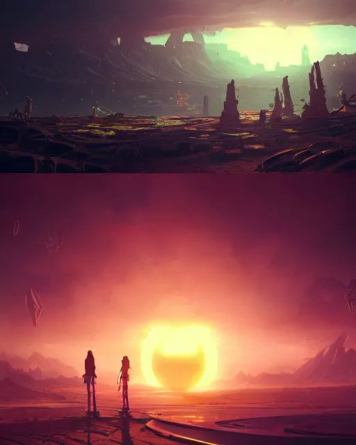 Prompt: beautiful landscape, nier automata, protoss temple!!!, machine planet, pink sun, colorful light, advanced technology, cinematic lighting, highly detailed, masterpiece, art by bastien grivet and darwin cellis and jan urschel