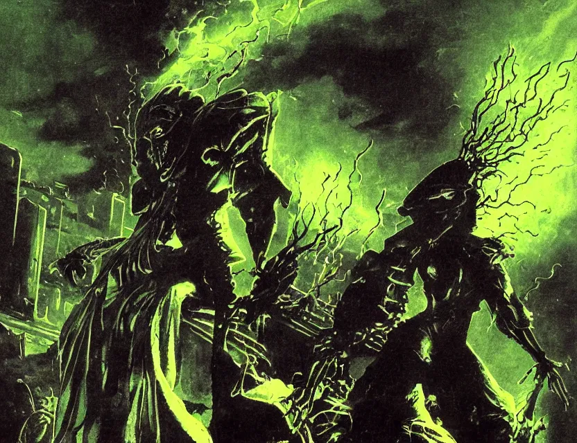 Prompt: a close - up view portrait of a silhouetted supernatural wizard in brutalist halls with metallic alien technology. close - up view, detailed textures. glowing green purple fog, dark black background. highly detailed fantasy science fiction painting by moebius, norman rockwell, frank frazetta, and syd mead. rich colors, high contrast