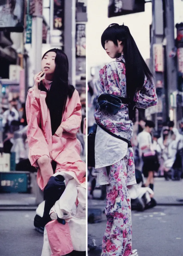 Prompt: a street fashion photograph of a singular young japanese woman in 9 0 s fashion, in tokyo akihabara, shot on cinestill 5 0 d with a canon 3 5 mm at f / 5. 6 lens, print magazine, photorealistic, nineties nostalgia, 4 k, no!!! two heads