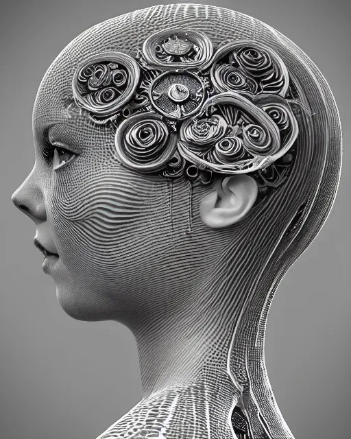 Image similar to mythical dreamy black and white organic bio-mechanical spinal ribbed profile face portrait detail of translucent steampunk beautiful female angelic-human-queen-vegetal-cyborg, highly detailed, intricate trnaslucent ivy jelly ornate, poetic, translucent roses ornate, 3D render, digital art, octane render, 8K artistic photography, photo-realistic, by Dora Maar