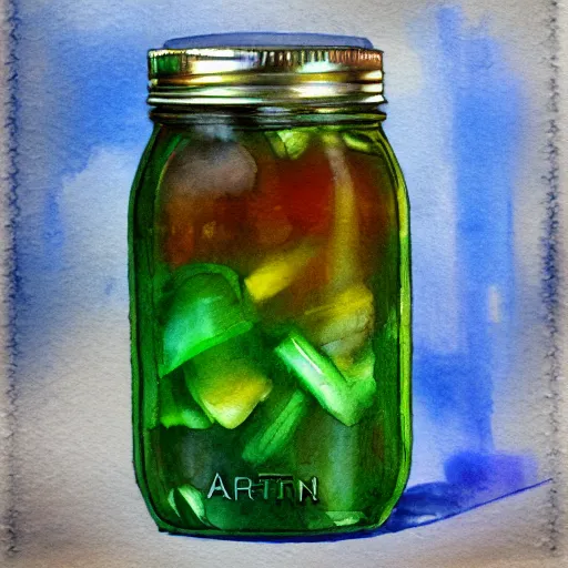 Image similar to Ice Tea in a mason jar, Watercolor, photorealistic, high resolution, award winning, trending on artstation, art poster, art by artgerm