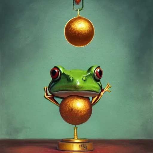 Prompt: a cute frog balances a golden metal ball on his head, by esao andrews, by m. w. kaluta, volumetric light, rich colors, very humorous oil painting, realistic reflections, smooth, concept art, depth perception, high depth of field, 4 k, unreal engine 5, ultradetailed, hyperrealistic, artstation