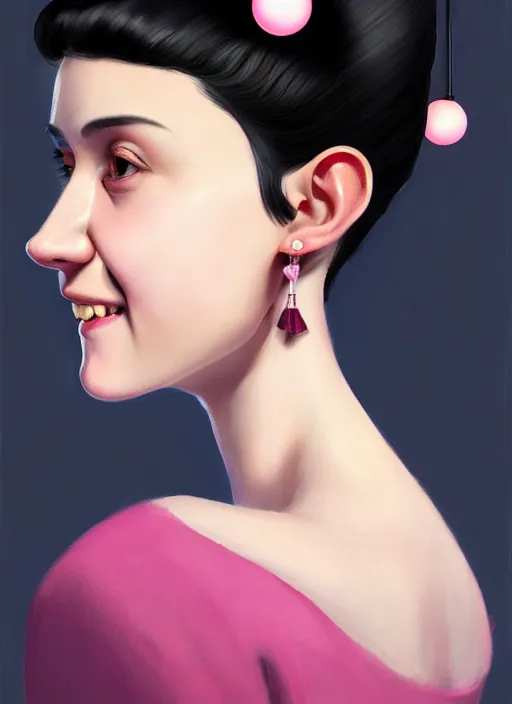 Image similar to portrait of high school girl, realistic, black hair, bangs, half updo hairstyle, pointy nose, skinny, smile, ugly, defined jawline, big chin, pink hair bow, earrings, intricate, elegant, glowing lights, highly detailed, digital painting, artstation, sharp focus, illustration, art by wlop, mars ravelo and greg rutkowski