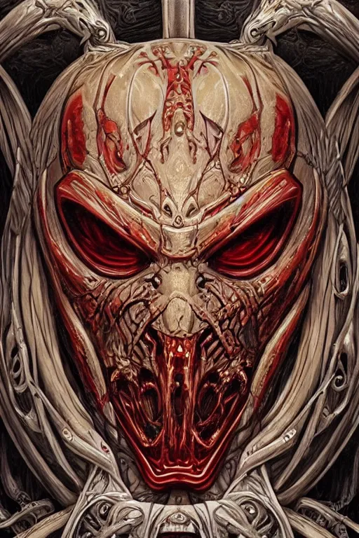 Image similar to Elden Ring and Star Wars themed painting of majestic crimson biomechanical satanic infernal demon human hybrid beautiful undead angel symmetrical angry mask closeup face angry mask closeup tattoo pattern golden ratio concept, Neo-Gothic concept, infinity glyph waves, intricate artwork masterpiece, very coherent artwork, cinematic, full frontal facial features by Artgerm, art by H.R. Giger, Takato Yamamoto, Zdizslaw Beksinski, Johnatan Wayshak, Moebius, Ayami Kojima, very anatomically coherent artwork, trending on cgsociety, ultra high quality model, production quality cinema model, high detail chromatic ink outline, octane render, unreal engine 8k, hyper realism, high detail, octane render, unreal engine, 8k, High contrast