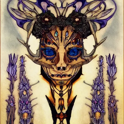 Image similar to the bone crown, by Annie Swynnerton and Nicholas Roerich and (((Diego Rivera))) and (((Edmund Dulac))), bioluminescent skin, floral tattoos, goth, iridescent beetles, elaborate costume, geometric ornament, symbolist, rich colors, dramatic lighting, smooth, sharp focus, extremely detailed