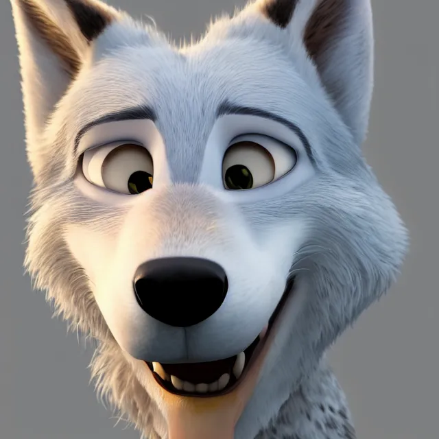 Prompt: portrait headshot of a cute male white wolf in the style of zootopia. volumetric lighting, subsurface scattering, hyperrealistic, octane render, hyperdetailed