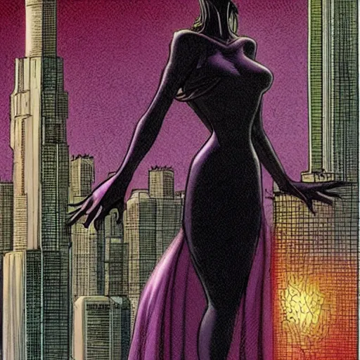 Image similar to Tall beautiful slender female witch with dark hair, futuristic, alien cityscape, symmetrical features, full body, face visible, artstation, graphic novel, colourful, 2D matte, art by Ralph Bakshi, Dave Sim, Frank Quitely, Moebius, Jeff Smith,