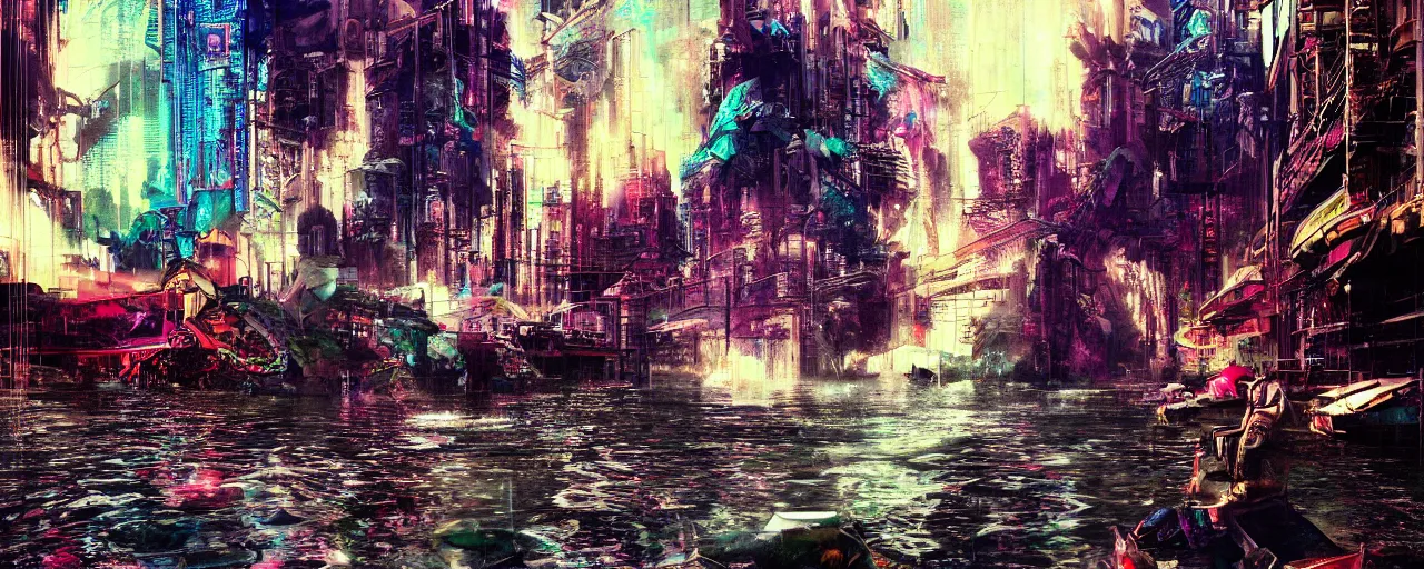 Image similar to dichroic ultra realistic illustration of beautiful ruination futuristic cyberpunk flooded kowloon, epic composition, accidental baroque golden ratio, by bill sienkiewicz. graffiti art, scifi, fantasy, hyper detailed. concept sketch. concept art. trending on artstation