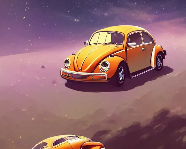 Prompt: a Volkswagen Beetle floating in space, cosmic skies. By Makoto Shinkai, Stanley Artgerm Lau, WLOP, Rossdraws, James Jean, Andrei Riabovitchev, Marc Simonetti, krenz cushart, Sakimichan, trending on ArtStation, digital art.