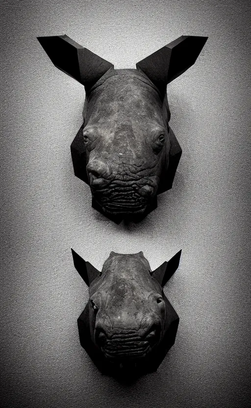 Image similar to rhino head made of black cast iron on a black background. gothic baroque. low poly. symmetry. epic. ominous shapes. hyper detailed.