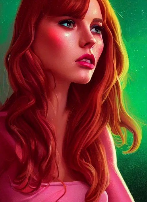 Image similar to full body portrait of teenage cheryl blossom, bangs, green eyes, sultry expression, red hair, sultry smirk, bangs and wavy hair, pink skirt, intricate, elegant, glowing lights, highly detailed, digital painting, artstation, concept art, smooth, sharp focus, illustration, art by wlop, mars ravelo and greg rutkowski