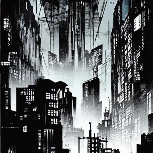 Image similar to cyberpunk city noir by dave mckean and mike mignola