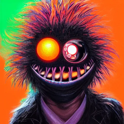 Image similar to a tennis ball monster starring into the camera, fixed eyes, flowing black coat with glowing neon orange trim, inside a museum, colorful, surreal, dramatic lighting, face, detailed, intricate, elegant, highly detailed, digital painting, artstation, chalk, concept art, smooth, sharp focus, illustration, art by basil gogos and sam pratt