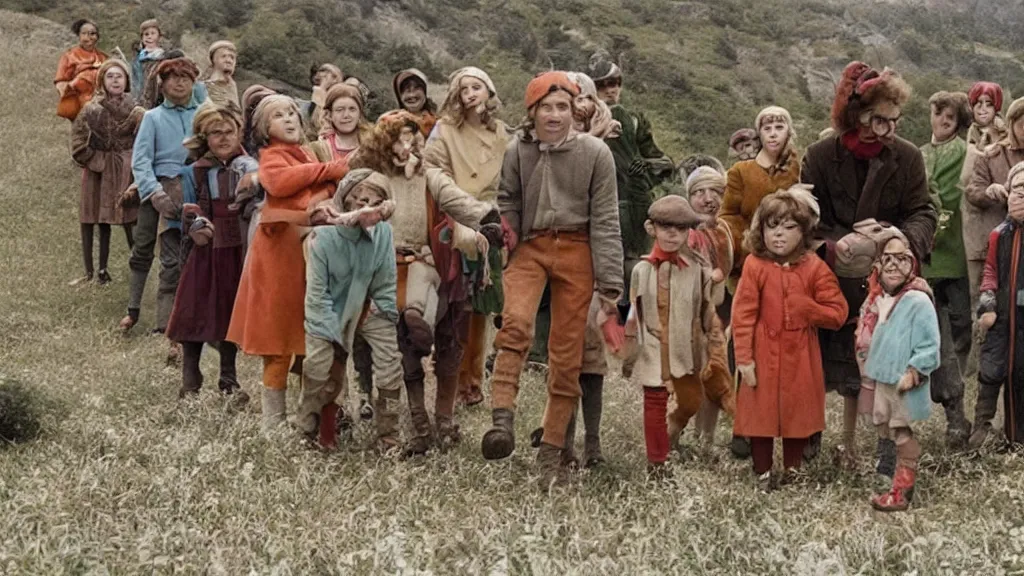 Image similar to A still from a Wes Anderson movie where the Pied Piper is luring hundreds of kids up a hill, long shot