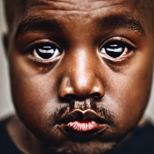 Image similar to the face of kanye west at 8 years old, portrait by julia cameron, chiaroscuro lighting, shallow depth of field, 8 0 mm, f 1. 8