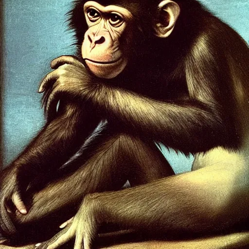 Image similar to a monkey lost deep in thought, portrait, by caravaggio