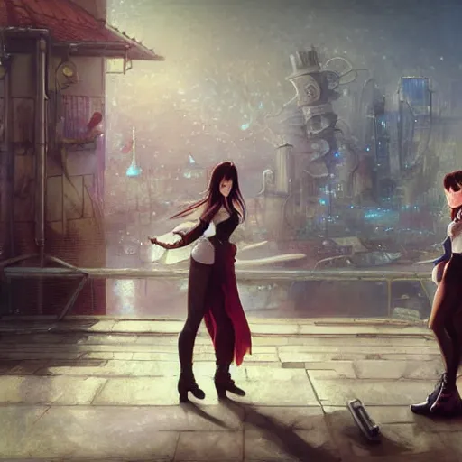 Prompt: a painting of tifa lockhart and aerith gainsborough from final fantasy 7, standard clothing from the conceptual art, the midgard steam punk city as backdrop, by greg rutkowski, artgerm, wlop, ruan jia, krenz cushart, alphonse mucha, rain, fog, unreal engine 5