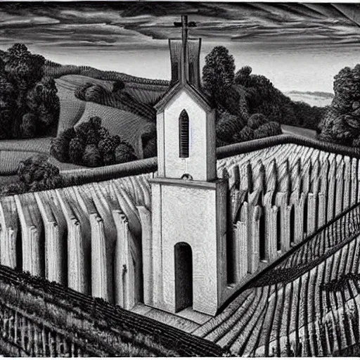 Image similar to Hyperrealism traditional austian church in a vineyard, painting by MC Escher