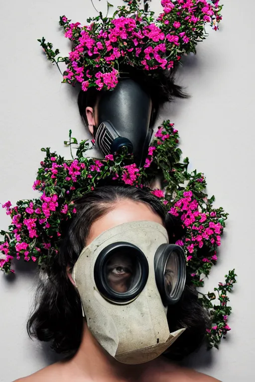 Prompt: a surreal portrait of a woman wearing gas mask blending into a wall of black flowers in the style of brooke didonato, editorial fashion photography from vogue magazine, full shot, nikon d 8 1 0, ƒ / 2. 5, focal length : 8 5. 0 mm, exposure time : 1 / 8 0 0, iso : 2 0 0