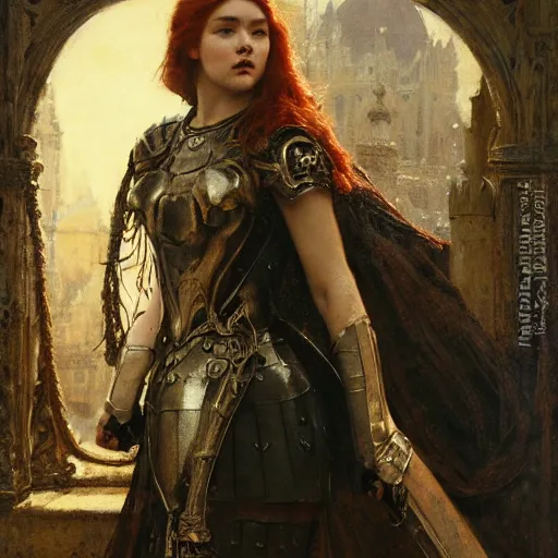 Image similar to young redheaded florence pugh, wearing dark black ornamented medieval armour, detailed, by gaston bussiere, bayard wu, greg rutkowski, giger, maxim verehin, greg rutkowski, masterpiece, sharp focus,