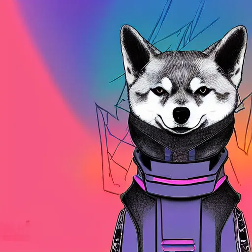 Prompt: a synthwave shiba inu in samurai armor, digital art