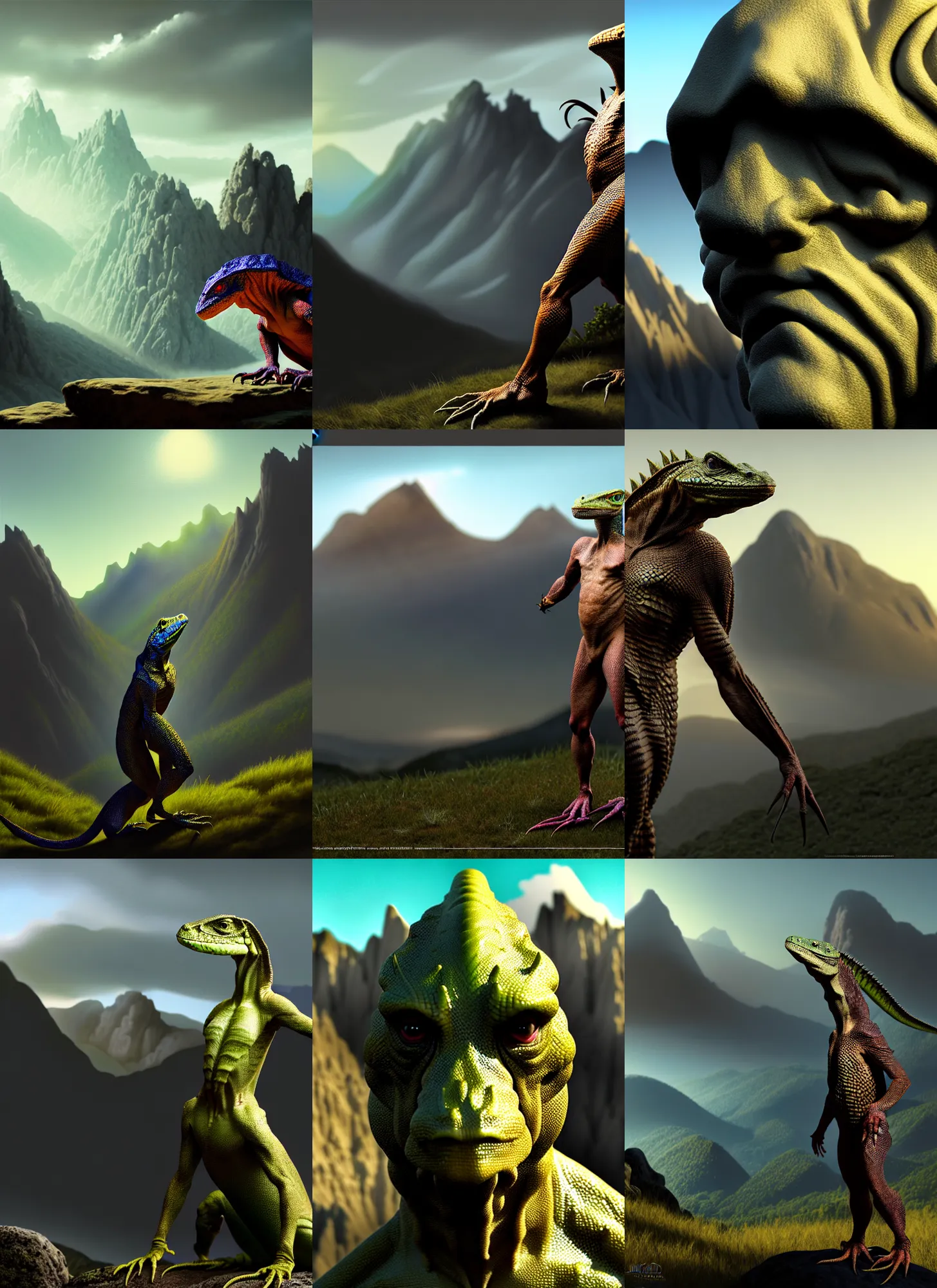 Prompt: costume design made by lizardman, sophisticated composition, old masters light composition, procedurally generated, drama character posing for concept art, dramatic mountains behind, substance designer, PBR, HD, Ultra detailed, hyperrealistic, megascans, volumetric light, concept by master artist, made in paint tool SAI2, trending 500px face