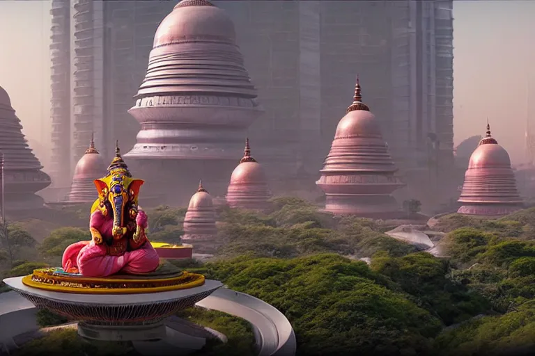 Image similar to beautiful futuristic new delhi, sci - fi ganesha!! building, kalighat flowers, octane highly detailed cinematic, stephen shore & john j. park, soft morning light, wide shot, aerial shot, uhd 8 k, shallow depth of field