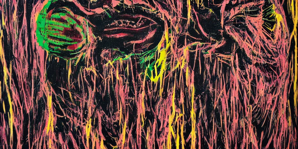 Image similar to camo made of teeth, smiling, abstract, francis bacon artwork, tribal, neon, cryptic, dots, stipple, lines, splotch, color tearing, pitch bending, faceless people, dark, ominous, eerie, minimal, points, technical, old painting