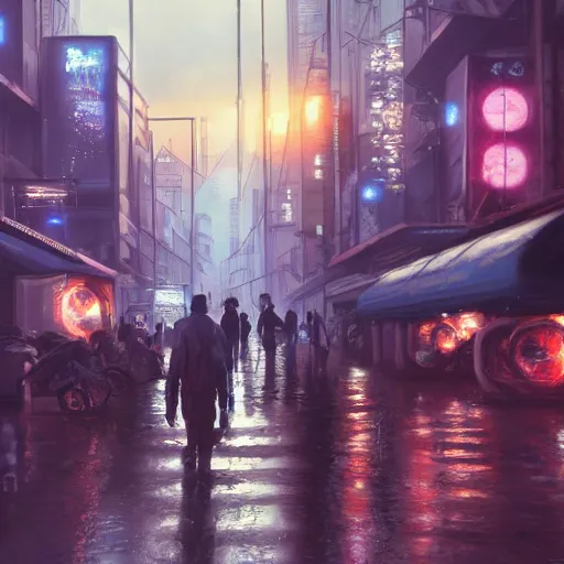 Prompt: Cyberpunk city, street vendors, citizens, augmented cyborgs, Blade Runner, Ghost in the Shell, Neuromancer, robots, skyscapers, buildings, clouds, sunset, painted by seb mckinnon, high detail, digital art, trending on artstation