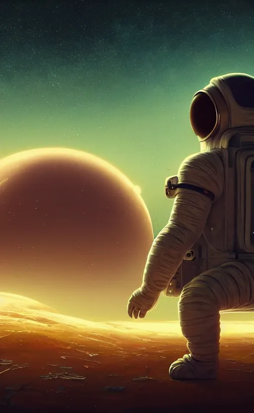 Image similar to A astronaut sitting and gazing upon a amazing alien landscape and the universe, digital art, breathtaking, golden ratio, extremely detailed, establishing shot, hyperrealistic, cinematic lighting, particles, unreal engine, simon stålenhag, rendered by Beeple, Makoto Shinkai, syd meade, simon stålenhag, Ruan Jia, Kentaro Miura, environment concept, artstation, octane render, 8K UHD image