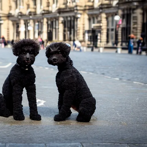 Prompt: black miniature poodle and a separate tan yorskshire terrier, they are two best friends walking through london 35mm 4k IMAX sharp focus