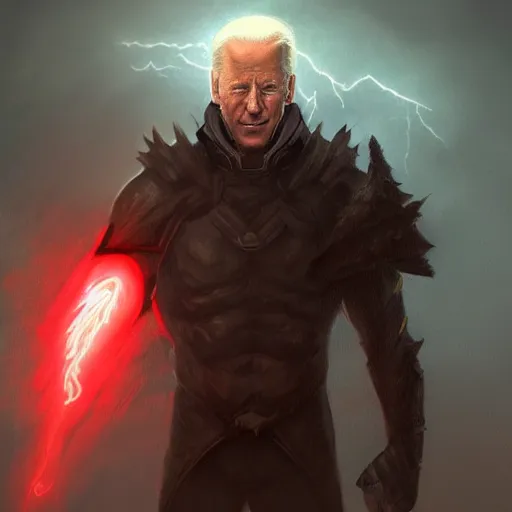 Image similar to Huge Joe Biden with glowing eyes, thunderstorm. Fantasy concept art, best of ArtStation