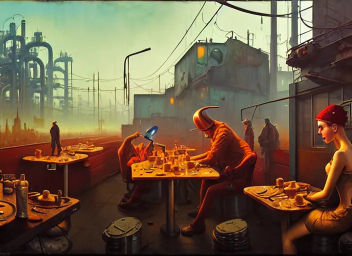 Prompt: waiting in line for crude oil by simon stalenhag and gil elvgren and tom bagshaw and marc simonetti and jan miense molenaer and arthur adams, dystopian slums, diner scene, highly detailed, hyperrealism, smog, gas masks, blended palette