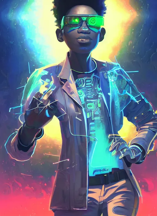 Image similar to afro - cyberpunk scientist, computers and holograms, hacking the metaverse | hyperrealistic oil painting | by makoto shinkai, ilya kuvshinov, lois van baarle, rossdraws, basquiat | afrofuturism, in the style of hearthstone, trending on artstation | dark color scheme