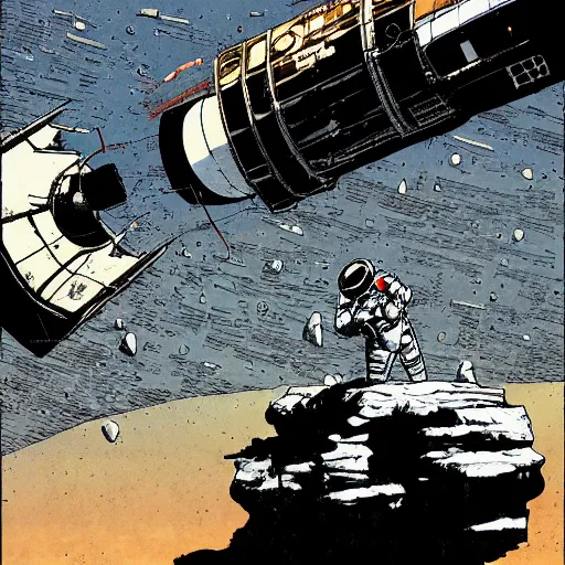 Image similar to astronaut exploring a derelict by frank miller