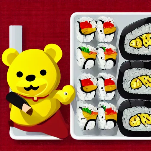 Image similar to Yellow teddy bear wearing red shirt eating sushi at a restaurant, realistic, highly detailed