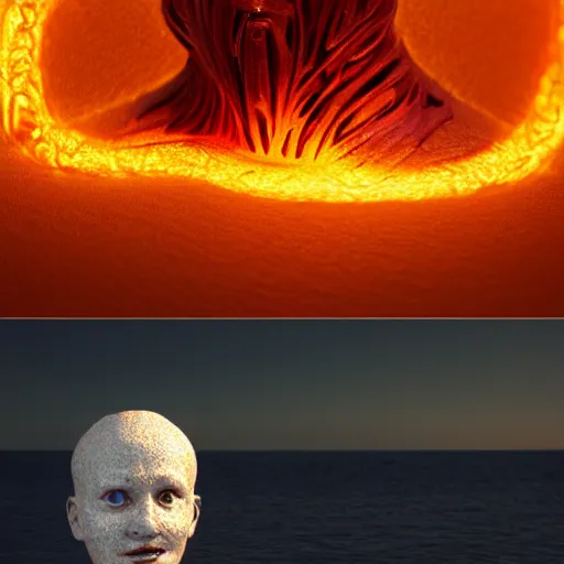 Image similar to a sculpture made of flame in the shape of a human head, on the ocean water, water manipulation photoshop, cgsociety, cinematic, in the style of johnson tsang, long shot, hyper detailed, hyper realistic, ray tracing, 8 k resolution, sharp focus, realistic water, award winning