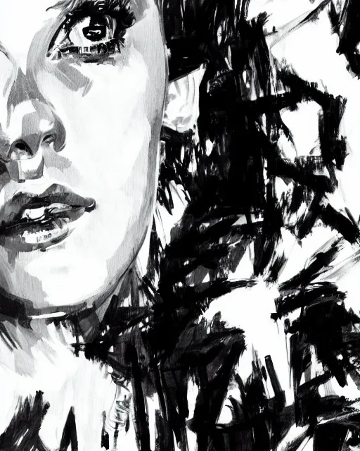 Prompt: close up portrait of millie bobby brown by yoji shinkawa, black and white, high contrast