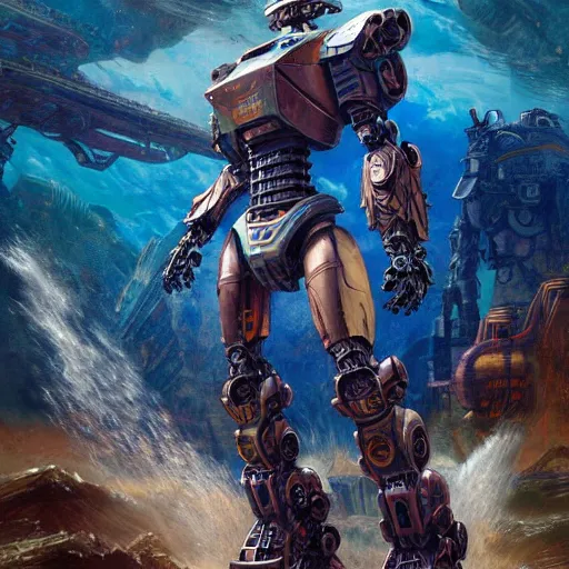 Image similar to pacific rim robot wearing high tech armor standing in the sea, full body, steam punk, 70's sci-fi, extremely detailed digital painting, in the style of Fenghua Zhong and Ruan Jia and Jermy lipking and peter mohrbacher, mystic colors, highly detailed, deep aesthetic, 8k, highly ornate intricate details, cinematic lighting, rich colors, digital artwork, ray tracing, hyperrealistic, photorealistic, cinematic landscape, trending on artstation,