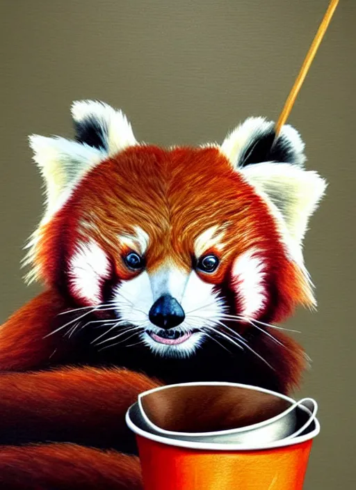 Image similar to red panda, paper cup, fantasy, woodroffe art style, highly detailed, digital painting, artstation, concept art, illustration, art by patrick james woodroffe!!!