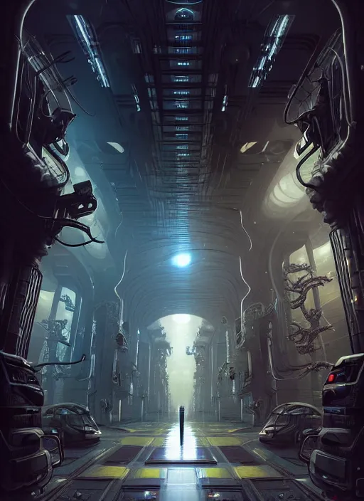 Prompt: wide angle shot of alien corridor cybertronic in a scenic dystopian environment, intricate, elegant, highly detailed, centered, digital painting, artstation, concept art, smooth, sharp focus, illustration, artgerm, tomasz alen kopera, peter mohrbacher, donato giancola, joseph christian leyendecker, wlop, boris vallejo