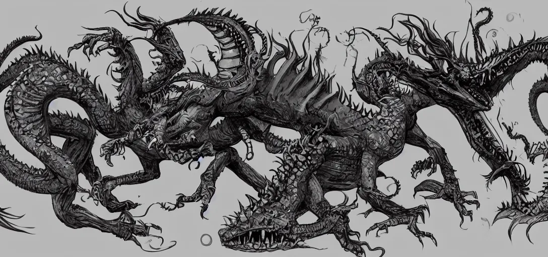 Image similar to concept art of dragon attack, lovecraftian, lots of teeth, melting horror, feathers, fighting the horrors of the unknown with laser guns