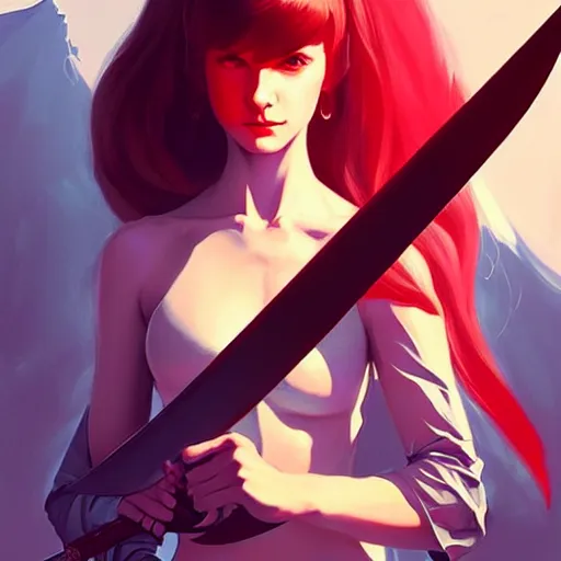 Image similar to a woman holding a sword with a dragon on it, concept art by Ilya Kuvshinov, contest winner, fantasy art, official art, concept art, high detail, experimental, high quality, hyperrealistic, 4k